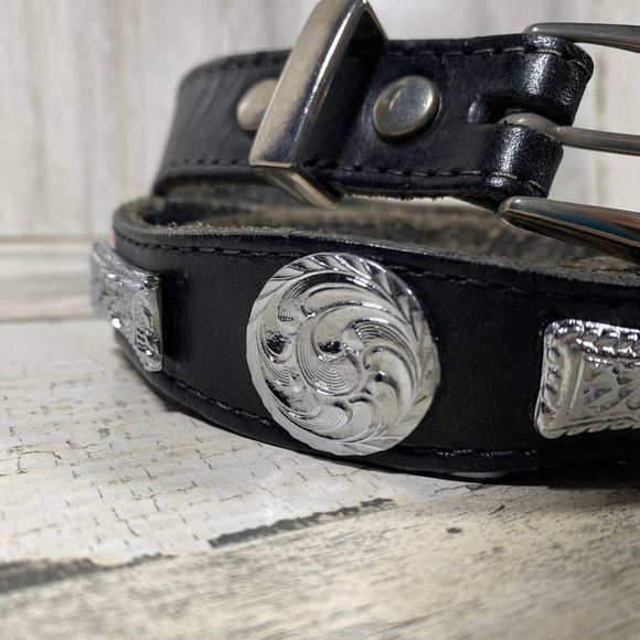 Don Cuco's Boots Black Leather Belt Rodeo Belt Silver Metal Emblems Accents - Picture 2 of 9